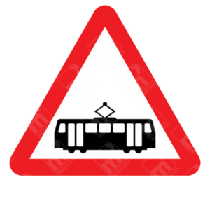 Tramcars Crossing Ahead Warning Sign – Diagram 772 showing black tram icon inside a red-bordered triangle