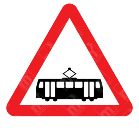 Tramcars Crossing Ahead Warning Sign – Diagram 772 showing black tram icon inside a red-bordered triangle