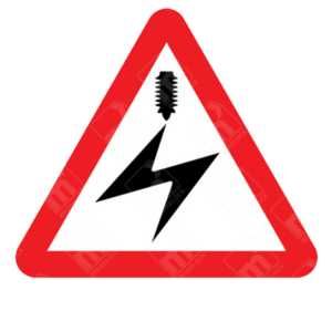 Electrified Overhead Cable Ahead Warning Sign – Diagram 779 showing lightning bolt and overhead wire icon in a red-bordered triangle