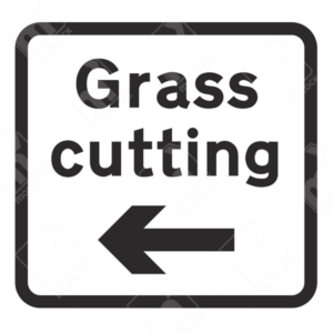Grass Cutting Left Supplementary Plate – Diagram 7001.1A is a temporary UK traffic sign alerting drivers to roadside grass cutting operations on the left.