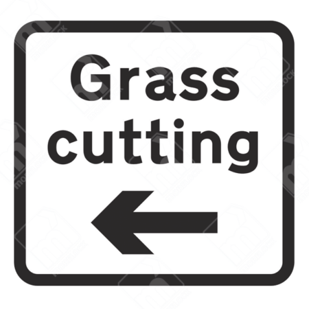 Grass Cutting Left Supplementary Plate – Diagram 7001.1A is a temporary UK traffic sign alerting drivers to roadside grass cutting operations on the left.