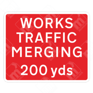 Works Traffic Merging 200 Yards Sign – Diagram 7307 – Official UK temporary road sign warning drivers that works traffic will be merging onto the road in 200 yards.