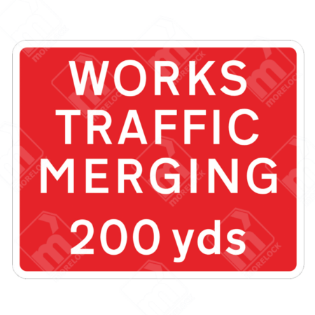 Works Traffic Merging 200 Yards Sign – Diagram 7307 – Official UK temporary road sign warning drivers that works traffic will be merging onto the road in 200 yards.