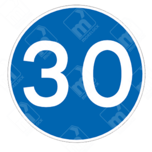30 MPH Minimum Speed Limit Sign (Diagram 672) – UK traffic sign enforcing a 30 mph minimum speed for smooth traffic flow.