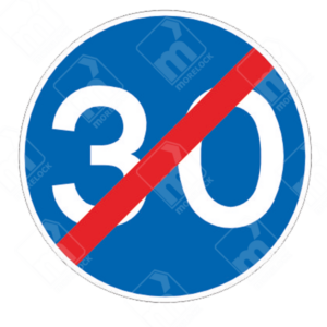 End of 30 MPH Minimum Speed Limit Sign (Diagram 673V30) – UK traffic sign indicating the termination of a 30 mph minimum speed requirement.