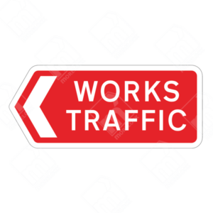 Works Traffic Left Arrow Sign – Temporary UK traffic sign directing construction vehicles left at site entrances and junctions for safe worksite traffic management.