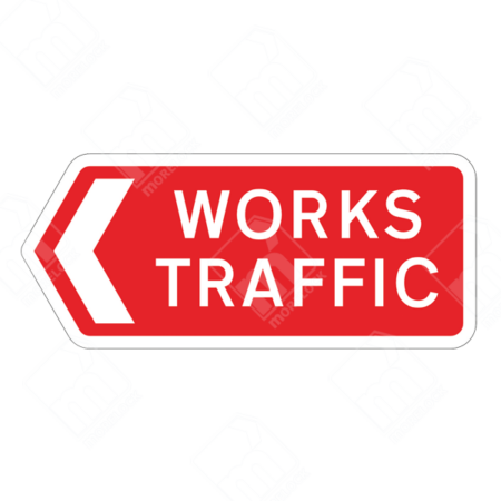 Works Traffic Left Arrow Sign – Temporary UK traffic sign directing construction vehicles left at site entrances and junctions for safe worksite traffic management.