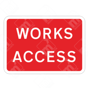 Works Access Sign (Diagram 7301 - High Speed) – Temporary UK traffic sign indicating designated entry points for authorized works vehicles in high-speed zones.