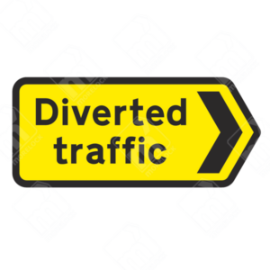 Diverted Traffic Sign – Diagram 2704, temporary road sign UK, traffic diversion sign, UK traffic sign, road safety sign, TSRGD compliant sign, alternative route sign, reflective road sign, temporary traffic control sign, highway maintenance sign, transport regulation sign, UK road sign standards, detour sign, emergency road closure sign, urban road safety sign.
