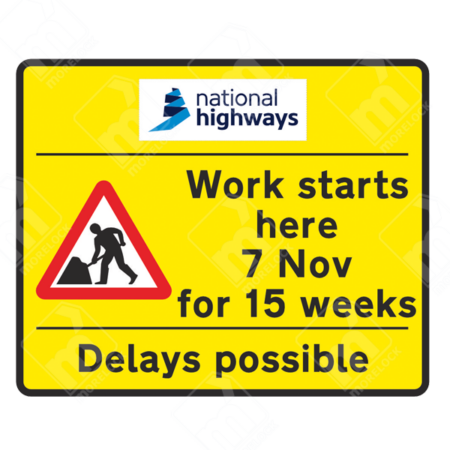 Road Works Start Date & Duration Sign – Diagram 7003.1 – Official UK temporary road sign informing drivers about the start date, duration, and expected delays due to roadworks.