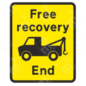 Free Recovery End Sign – Diagram 7291.1 – Official UK temporary road sign indicating the end of free breakdown recovery services in roadworks.