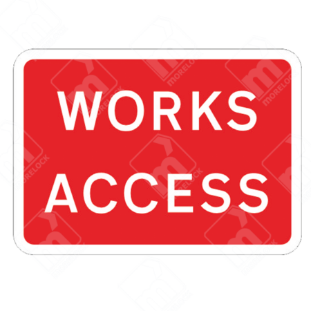 Works Access Sign (Diagram 7301 - Low Speed) – Temporary UK traffic sign indicating designated entry points for authorized works vehicles.