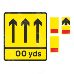 3 Lane Wicket Sign with Distance Supplement – Diagram 7202.3 – Official UK temporary road sign indicating a three-lane wicket system ahead with a distance marker for structured traffic movement in roadworks.