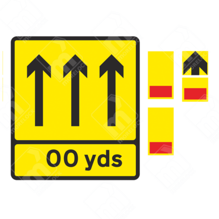 3 Lane Wicket Sign with Distance Supplement – Diagram 7202.3 – Official UK temporary road sign indicating a three-lane wicket system ahead with a distance marker for structured traffic movement in roadworks.