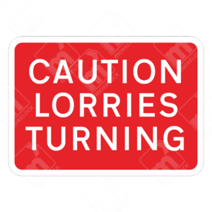 Caution Lorries Turning Sign – Temporary UK traffic sign warning drivers and pedestrians of large turning vehicles for improved road safety.