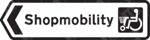 Shopmobility Direction Sign (Diagram 2137) – UK road sign directing disabled individuals to a shopping area offering mobility scooter and wheelchair hire services.