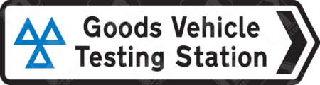 Goods Vehicle Testing Station Sign (Diagram 2802) – UK road sign directing HGVs and commercial vehicles to an official testing station for MOT and compliance checks.