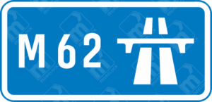 Motorway Route Sign (Diagram 2901) – UK traffic sign indicating the start of motorway regulations, including the national speed limit.