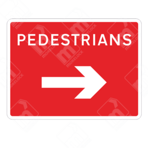 Pedestrians Right Arrow Sign – Temporary UK traffic sign directing pedestrians to the right for a safe walking route.