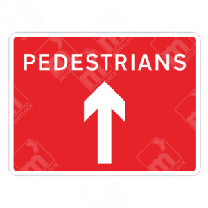 Pedestrians Ahead Arrow Sign – Temporary UK traffic sign directing pedestrians toward a designated walking route.