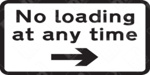 No Loading at Any Time Sign (Diagram 638R – Right Arrow) – UK traffic sign prohibiting loading and unloading at all times in the specified direction.