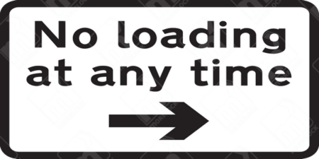 No Loading at Any Time Sign (Diagram 638R – Right Arrow) – UK traffic sign prohibiting loading and unloading at all times in the specified direction.
