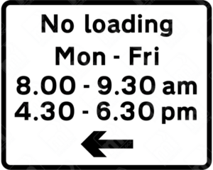 No Loading Sign (Left) – Diagram 638.1L. UK road sign indicating restricted loading and unloading times with a left-facing directional arrow.