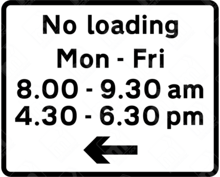 No Loading Sign (Left) – Diagram 638.1L. UK road sign indicating restricted loading and unloading times with a left-facing directional arrow.
