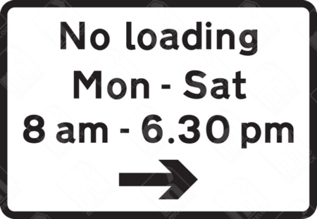 No Loading Sign (Right) – Diagram 638.1R. UK road sign indicating restricted loading and unloading times with a right-facing directional arrow.