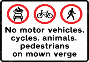 No Access to Mown Verge Sign (Diagram 651) – UK road sign prohibiting vehicles, cycles, and pedestrians from entering a mown verge.