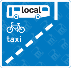 With-Flow Bus, Cycle & Taxi Lane Sign (Diagram 958) – UK road sign indicating a bus lane ahead that permits bicycles and taxis, ensuring clear lane usage.