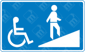 Ramped Entrance to Pedestrian Overbridge Sign (Diagram 814.4) – UK road sign indicating a wheelchair-accessible ramp leading to a pedestrian overbridge.