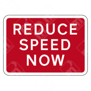 Reduce Speed Now Sign (Diagram 511) – Official UK traffic sign instructing drivers to slow down due to a change in road layout or hazard ahead.