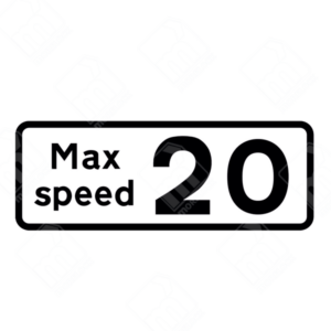 Maximum Speed 20 Sign (Diagram 513.2) – Official UK traffic sign advising a maximum speed of 20 mph due to a bend or road hazard ahead.