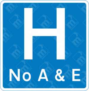 Hospital No A&E Sign (Diagram 827.1) – Official UK road sign indicating a hospital ahead without Accident & Emergency facilities, ensuring proper medical facility navigation.