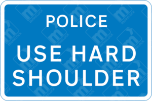 Police Use Hard Shoulder Sign (Diagram 829.3) – UK road sign instructing police vehicles to use the hard shoulder for emergency response.