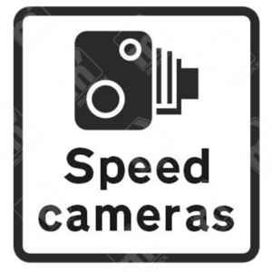 Speed Cameras Sign (Diagram 878) – Official UK traffic sign warning drivers that speed cameras are in operation for speed limit enforcement.
