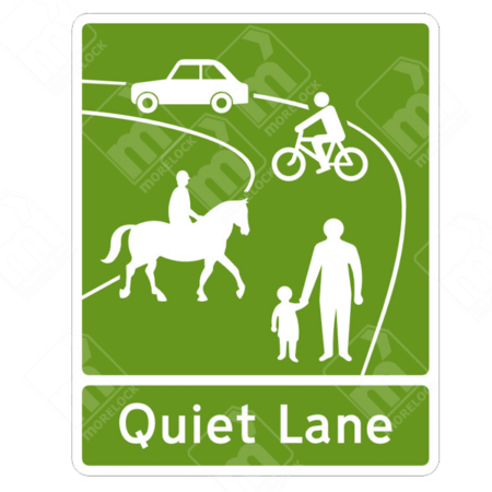 Quiet Lane Sign (Diagram 884A) – Permanent UK traffic sign indicating the start of a shared road for pedestrians, cyclists, horse riders, and motorists.