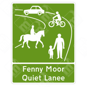 Fenny Moor Quiet Lane Sign (Diagram 884) – Permanent UK traffic sign indicating the start of a shared road for pedestrians, cyclists, horse riders, and motorists.