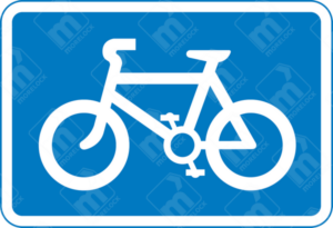 Recommended Cycle Route Sign (Diagram 967) – UK road sign indicating a preferred cycling route on the main carriageway for safer bike travel.