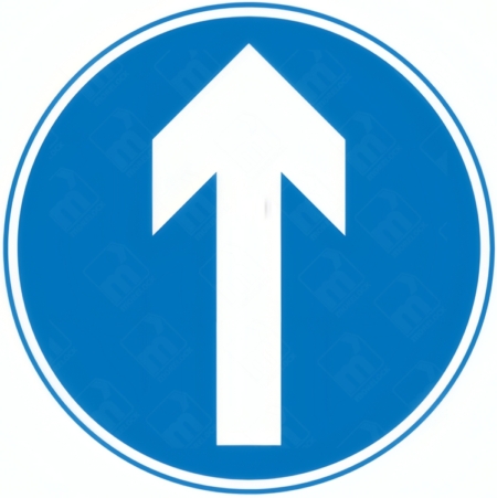 Straight Ahead Only Sign – Diagram 606C featuring white upward-pointing arrow on blue circular background