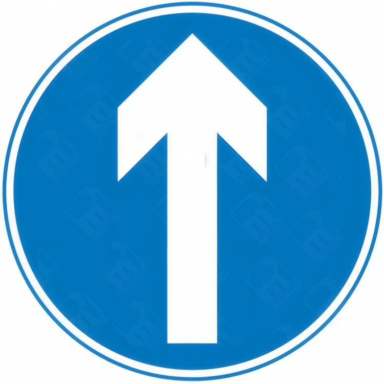 Straight Ahead Only Sign – Diagram 606C featuring white upward-pointing arrow on blue circular background