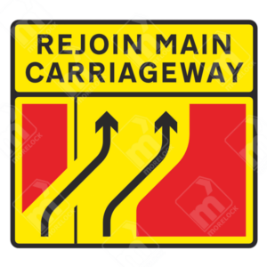 Rejoin Main Carriageway Sign (Diagram 7231) – Official UK temporary traffic sign directing vehicles to merge onto the main road.