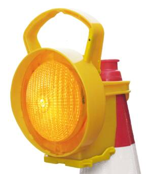Nissen Amber Coni Lamp – High-visibility LED warning light securely mounted on a traffic cone for UK road safety applications.