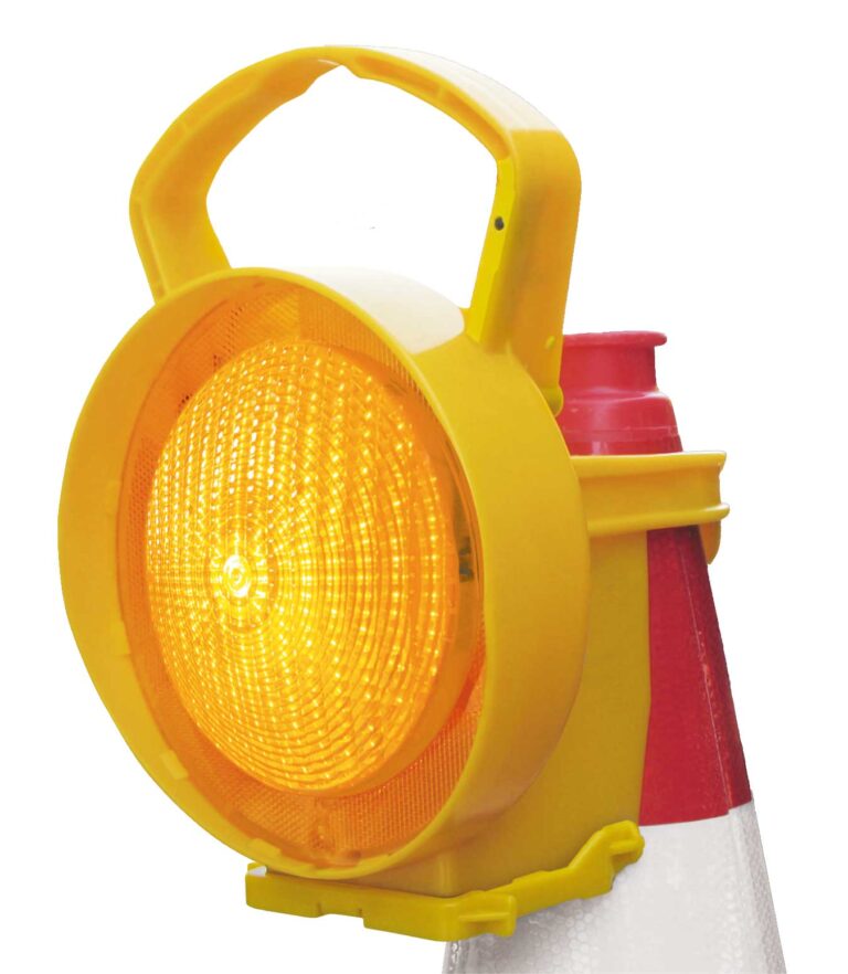 Nissen Amber Coni Lamp – High-visibility LED warning light securely mounted on a traffic cone for UK road safety applications.