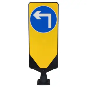 Turn Left Ahead Traffic Bollard – Dynaflex flexible UK road bollard with left-turn sign