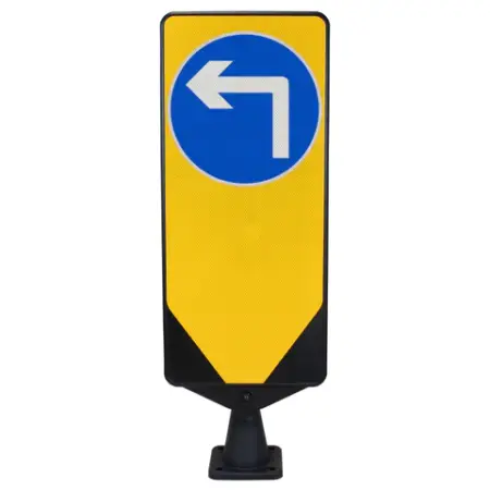 Turn Left Ahead Traffic Bollard – Dynaflex flexible UK road bollard with left-turn sign