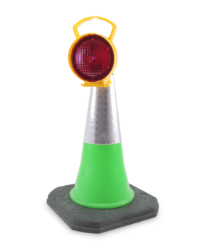 Nissen Magenta Coni Lamp – High-visibility LED warning light securely mounted on a traffic cone for UK road safety applications.