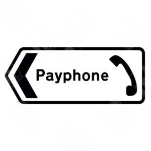 Payphone Direction Sign (Diagram 2322) – Permanent UK traffic sign guiding pedestrians and drivers to the nearest public telephone.