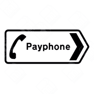 Payphone Direction Sign (Diagram 2322R) – Permanent UK traffic sign guiding pedestrians and drivers to the nearest public telephone.